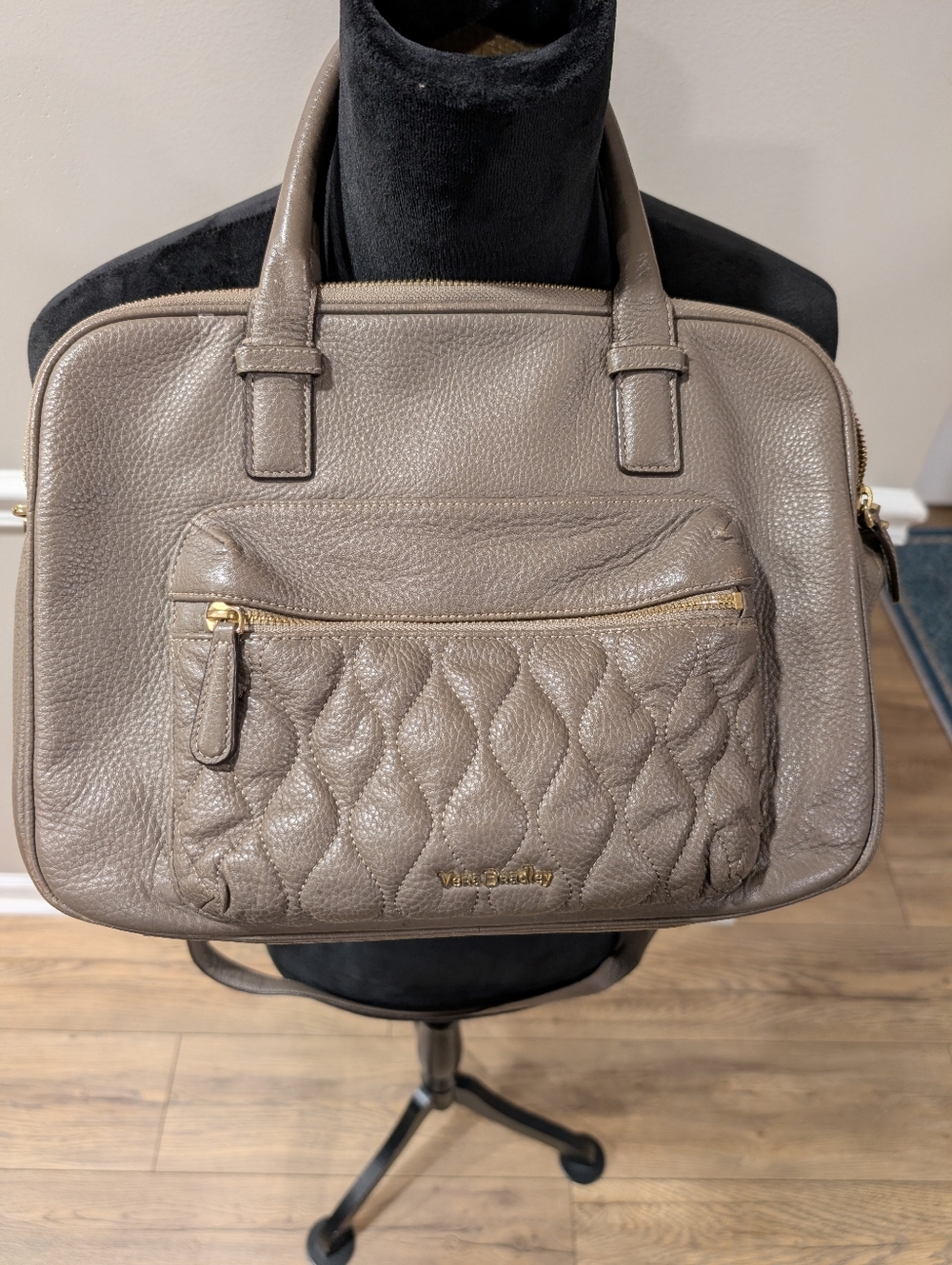 Vera Bradley Taupe Quilted Pebbled Leather Satchel with Gold Hardware